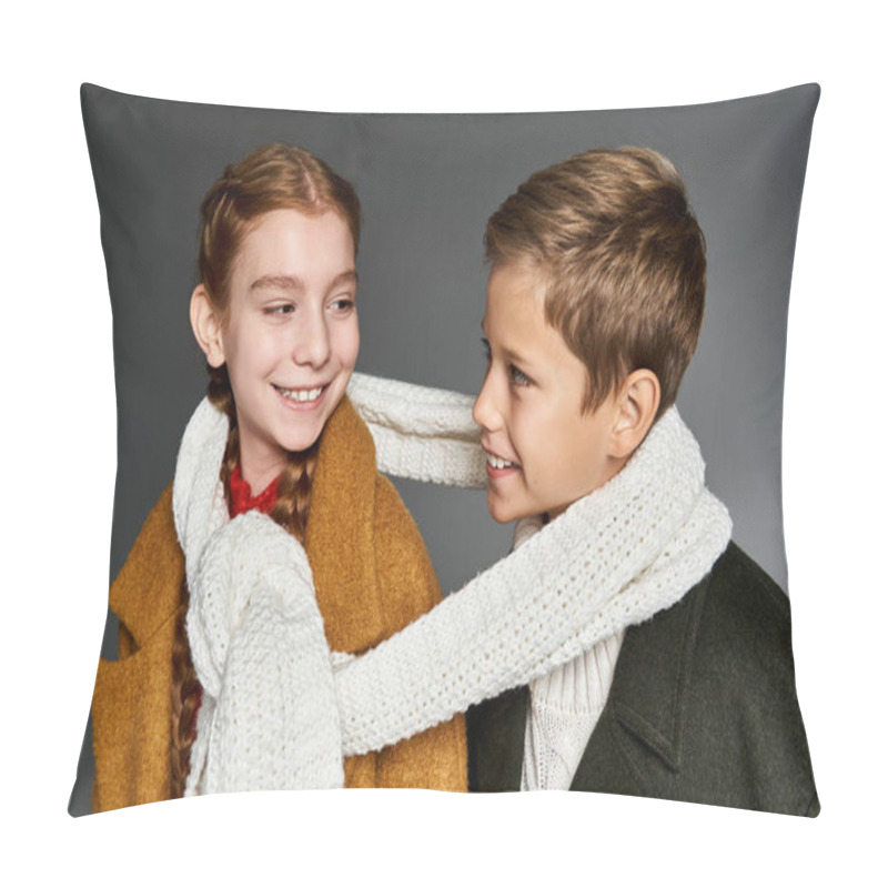 Personality  Two Children Share A Joyful Moment Wearing Warm Winter Clothes With Playful Expressions. Pillow Covers