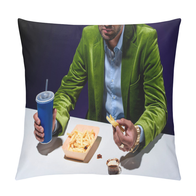 Personality  Partial View Of Man In Fashionable Clothing With Soda Drink Sitting At Table With French Fries And Ketchup With Blue Backdrop Pillow Covers