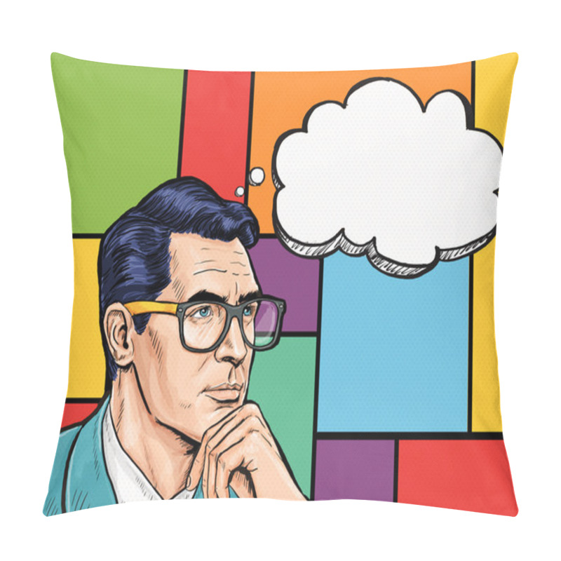 Personality  Vintage  Thinking Pop Art Man With Thought  Bubble.Party Invitation. Man From Comics. Gentleman Club. Think, Thought, Idea, Thoughts,gigolo, Look, Pop Art Background, Tuxedo,brunette Man, Dandy Pillow Covers