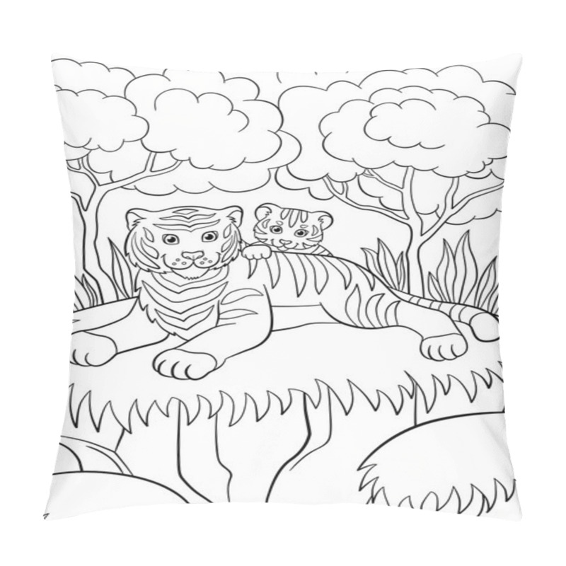 Personality  Coloring Pages. Wild Animals. Smiling Mother Tiger With Her Little Cute Baby Tiger In The Forest. Pillow Covers