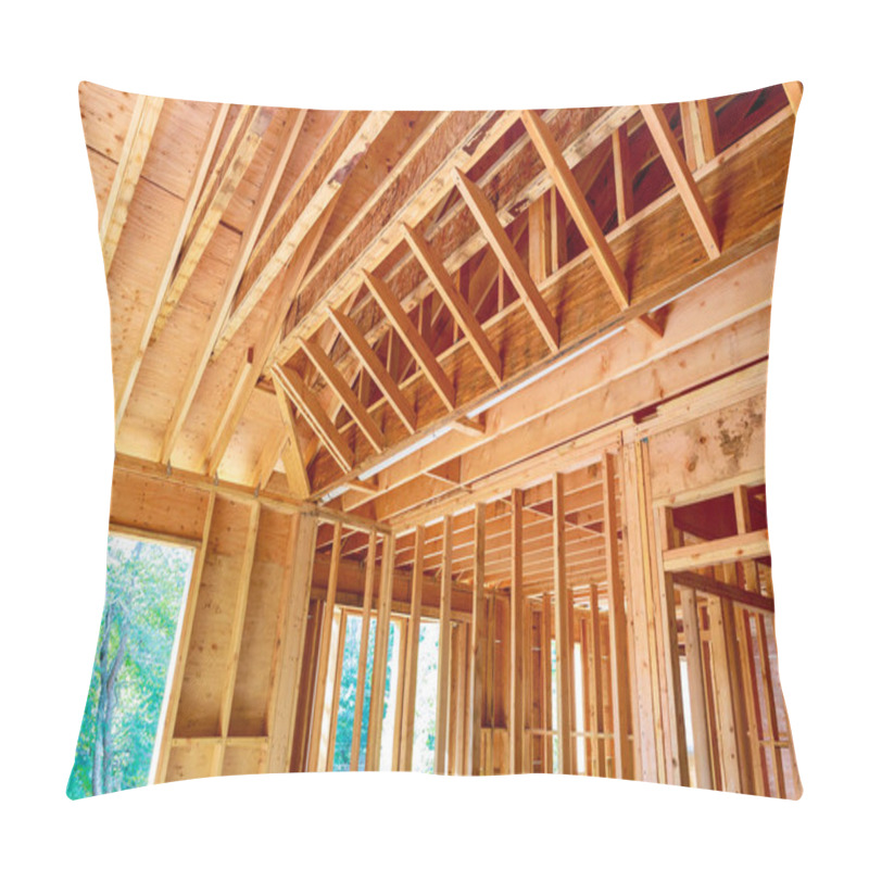 Personality  New House Interior View Unfinished Construction With Wooden Framing Beams Pillow Covers