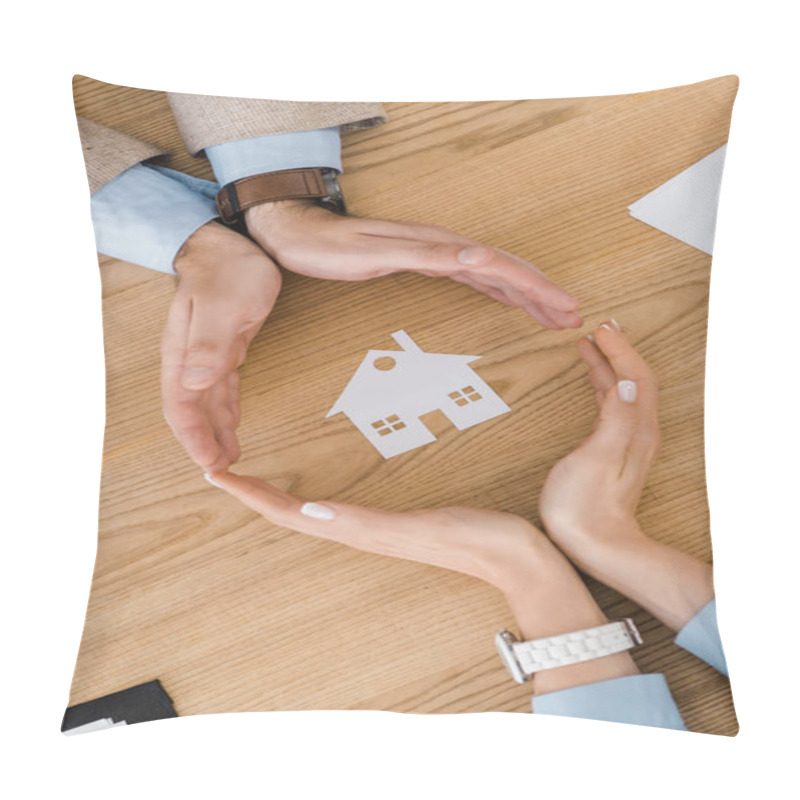 Personality  Couple Making Circle With Hands On Wooden Table With Paper House Inside, House Insurance Pillow Covers