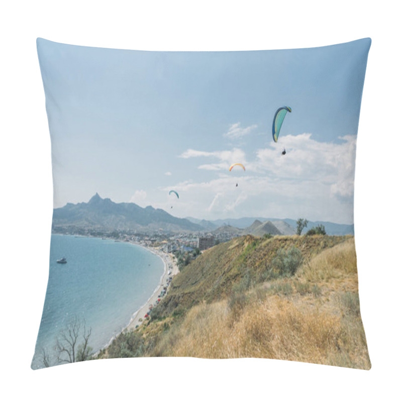 Personality  Mountainous Landscape With Paratroopers Flying In The Sky, Crimea, Ukraine, May 2013 Pillow Covers