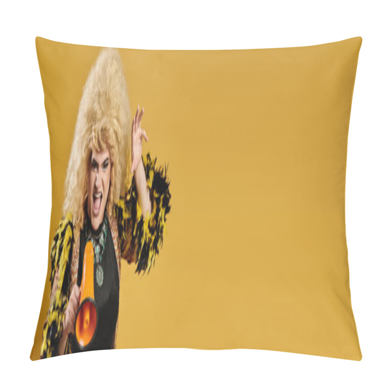 Personality  A Drag Queen In A Vibrant Outfit Shouts Into A Megaphone. Pillow Covers