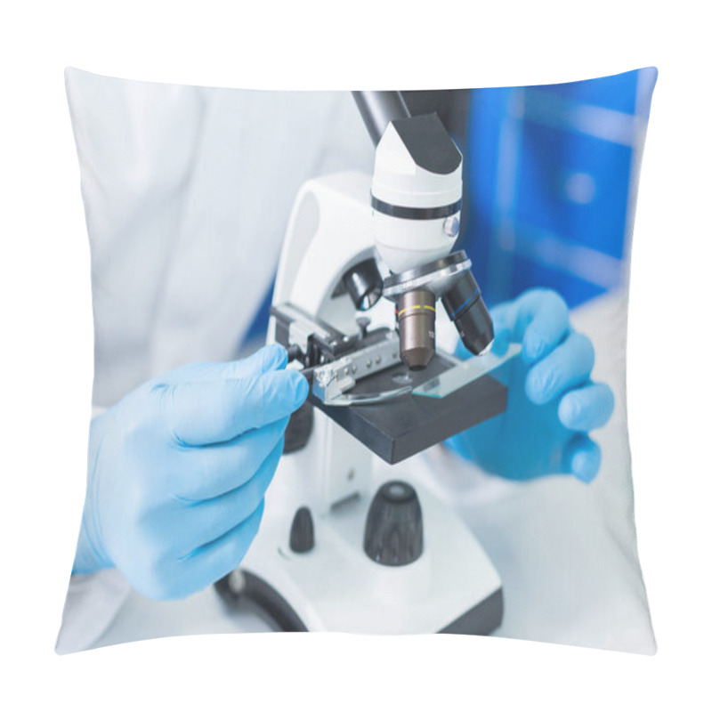 Personality  Scientific Equipment. Selective Focus Of Microscope Being In Use While Studying The Test Samples Pillow Covers