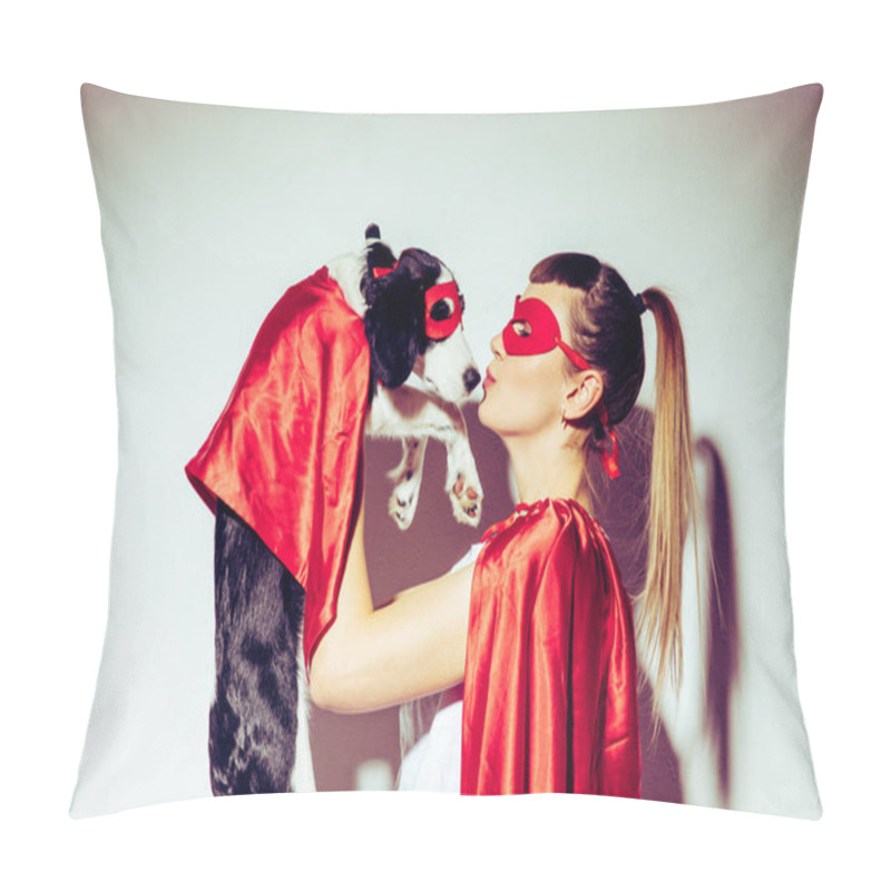 Personality  Side View Of Woman Kissing Puppy In Superhero Costume Pillow Covers