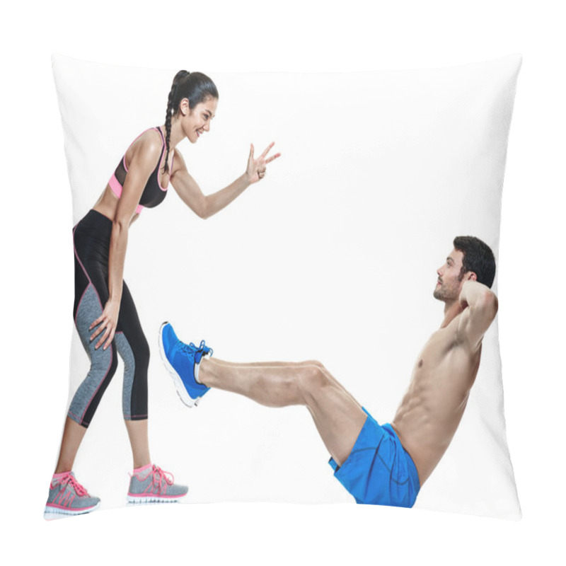 Personality  Couple Man And Woman Fitness Exercises Isolated Pillow Covers