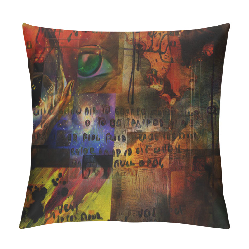 Personality  Surrealism. Hand Holds Glass Sphere, Green Eye And Ancient Writings On Background Pillow Covers