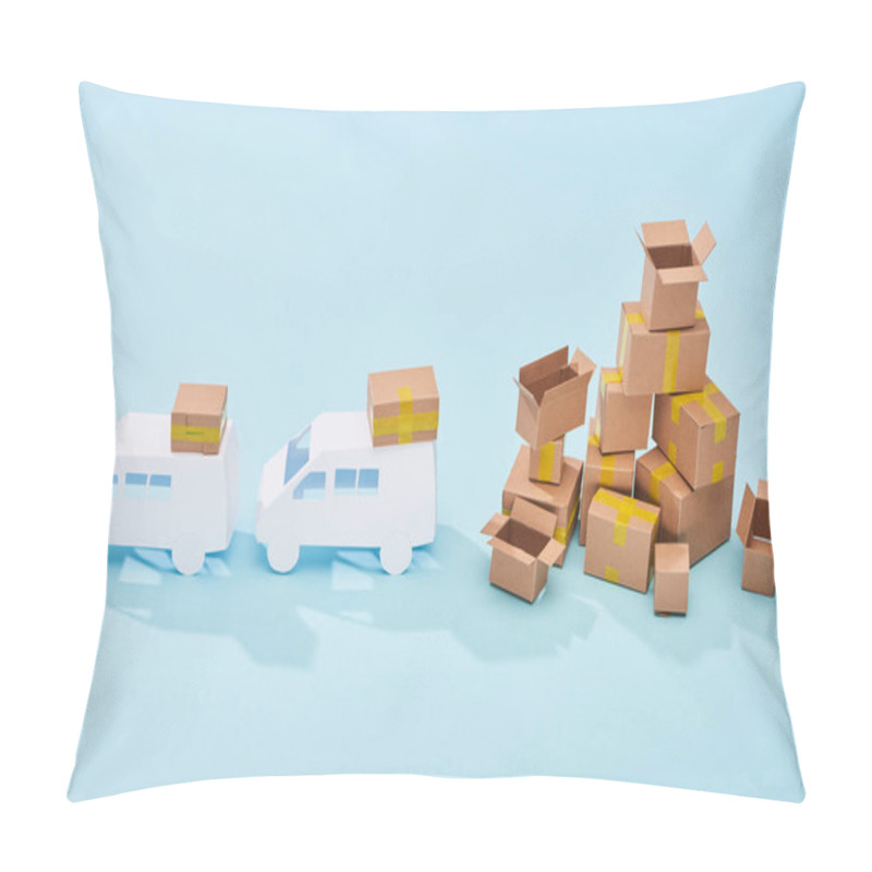 Personality  White Mini Vans Near Pile Of Cardboard Boxes On Blue Background Pillow Covers