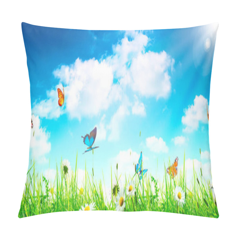 Personality  Flying Butterfly In Spring Morning. Panoramic View. Pillow Covers