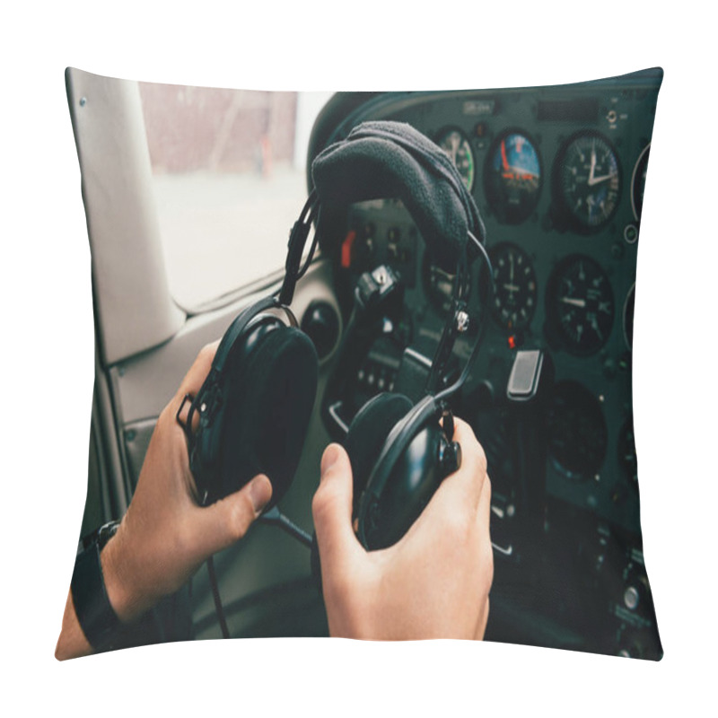 Personality  Partial View Of Pilot In Wristwatch Holding Headphones In Plane Pillow Covers