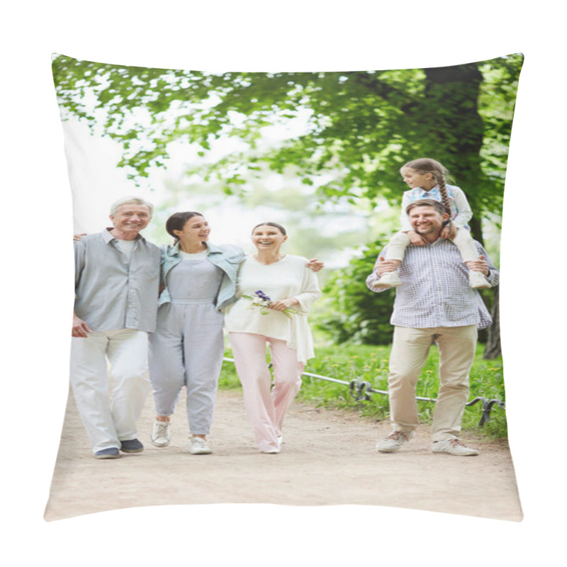 Personality  Cheerful Family In Casualwear Walking Down Road In Natural Environment During Chill Pillow Covers