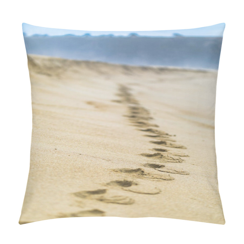 Personality  Footprints Over The Beach Sand Going To The Infinity Creating Shadows Step By Step Trying To Catch The Infinite Horizon At Tunquen Beach An Amazing Nature Landscape In Valparaiso Region, Chile Pillow Covers