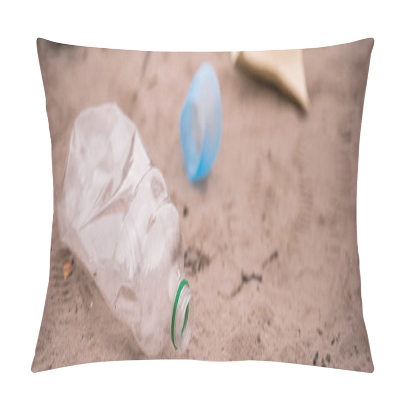 Personality  Plastic Bottle Near Trash On Blurred Sand, Banner Pillow Covers