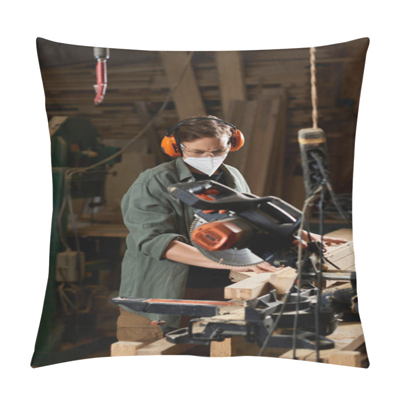 Personality  A Focused Female Carpenter Uses Power Tools To Create Intricate Wooden Designs In Her Workshop. Pillow Covers