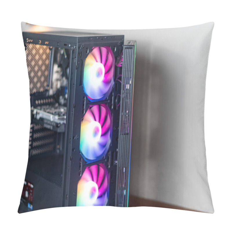 Personality  A Modern Computer Case With RGB Fans, Showcasing A Sleek Design. The Case Is Partially Open, Revealing Internal Components Like A Motherboard And Cooling System. The Colo Pillow Covers