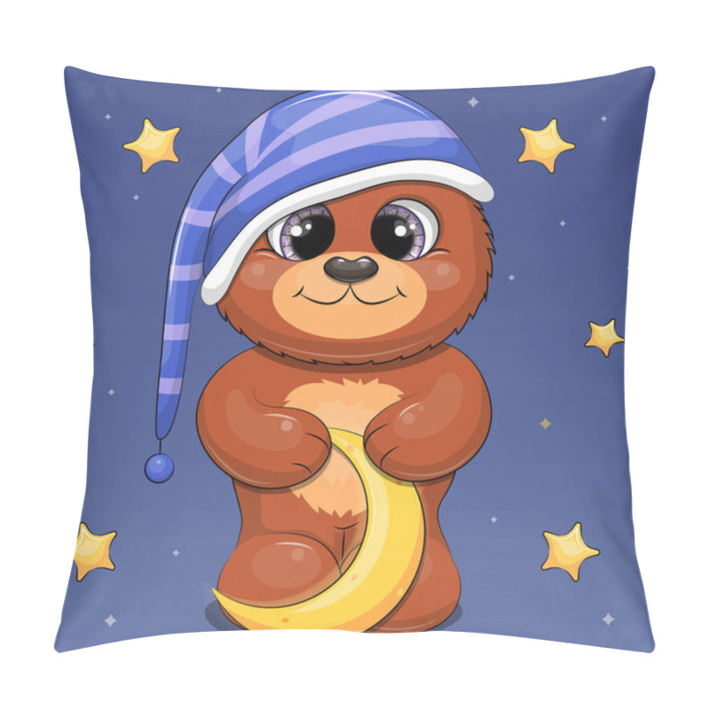 Personality  Cute Cartoon Brown Bear In A Nightcap Is Holding The Moon. Night Vector Illustration Of An Animal On A Dark Blue Background With Stars. Pillow Covers