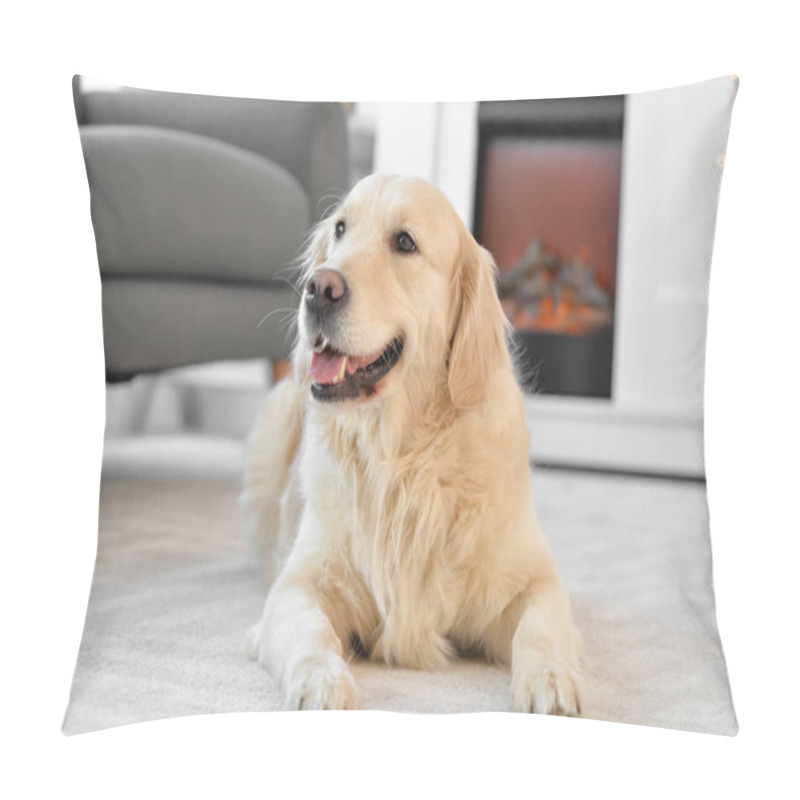 Personality  Cute Dog Near Fireplace At Home. Concept Of Heating Season Pillow Covers