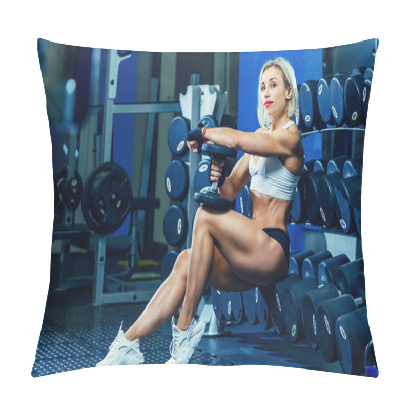 Personality  Young Sexy Woman Doing Exercises With Dumbbell In Gym. Classic Bodybuilding. Muscular Blonde Fitness Woman Doing Exercises In The Gym. Fitness Woman In The Gym. Bodybuilder Woman In The Gym. Fitness Pillow Covers