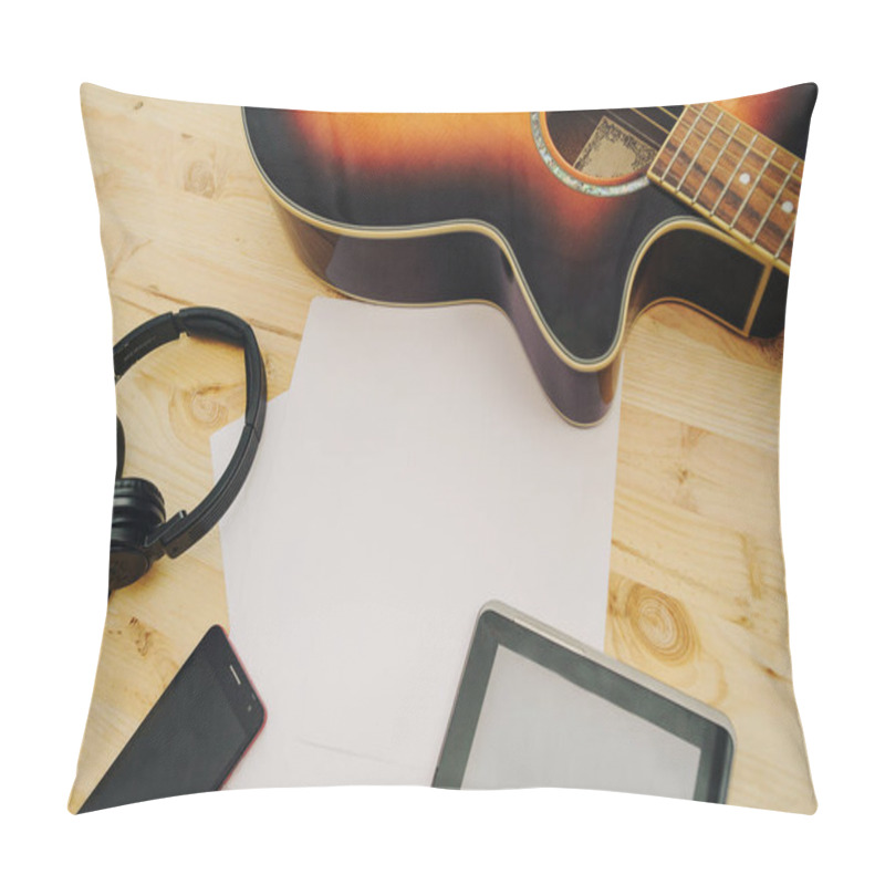 Personality  Office Desk Background, Hand Written Touchscreen On Tablet PC With Acoustic Guitar, Headphones Recording Scene Project Ideas Concept. Mobile Phones, View From Above With Copy Space Pillow Covers