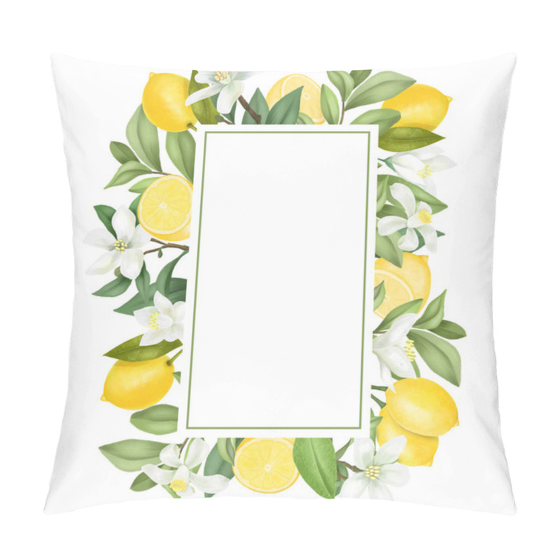 Personality  Vertical Frame Of Hand Drawn Blooming Lemon Tree Branches, Flowers, Lemons On White Background Pillow Covers