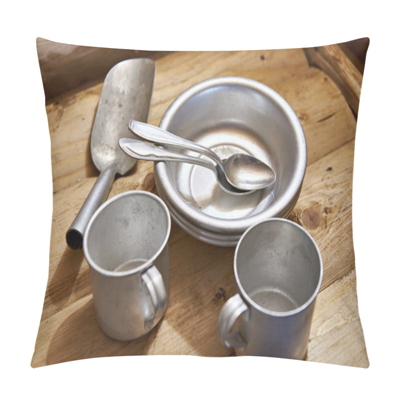 Personality  Hiking Aluminum Utensils On A Wooden Table Pillow Covers