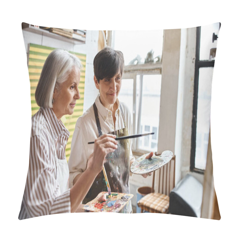 Personality  Two Women Immersed In Creativity, Paint With A Brush And Palette In An Art Studio. Pillow Covers