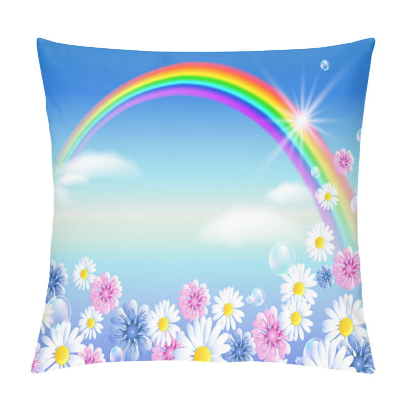 Personality  Rainbow In Sky Clouds With Flowers Pillow Covers