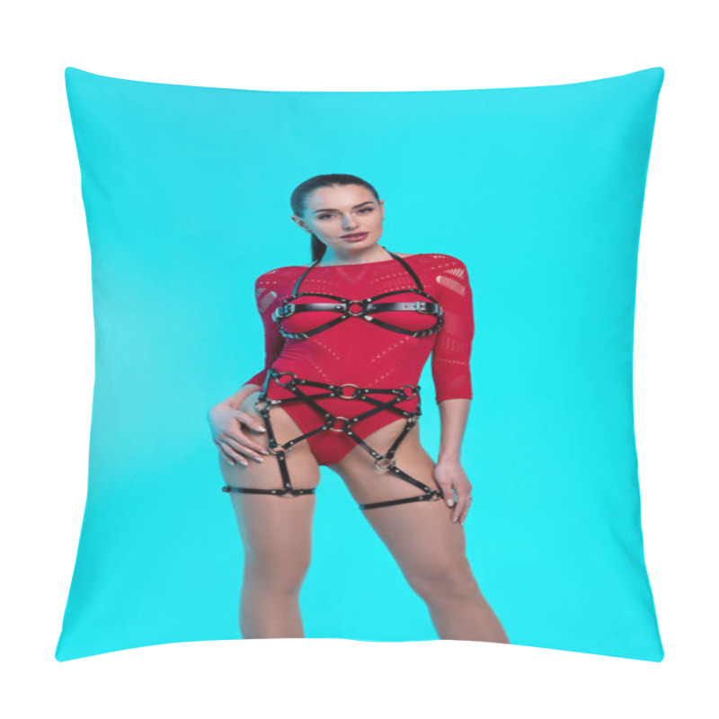 Personality  Seductive Young Woman With Black Belts On Blue Background Pillow Covers