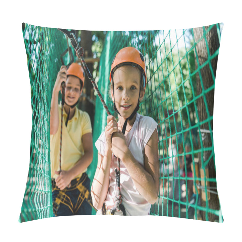 Personality  Selective Focus Of Happy Kids In Helmets With Height Equipment In Adventure Park  Pillow Covers