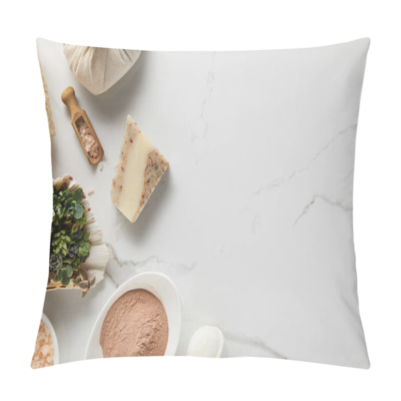 Personality  Top View Of Organic Cosmetics On Marble Table With Green Succulent Pillow Covers