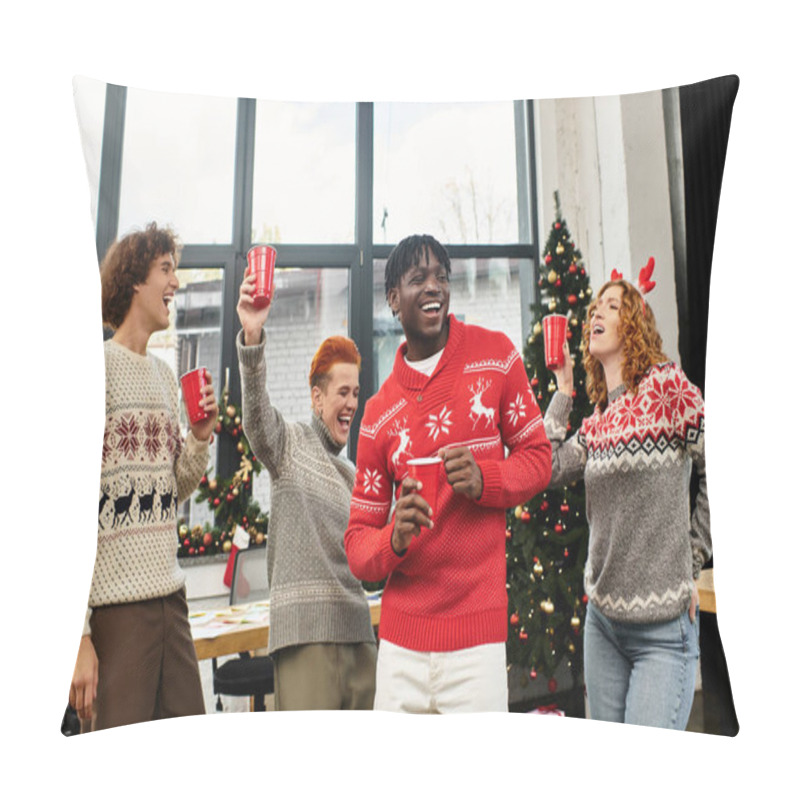 Personality  A Lively Group Of Coworkers Enjoys A Christmas Celebration With Drinks And Cheerful Attire. Pillow Covers