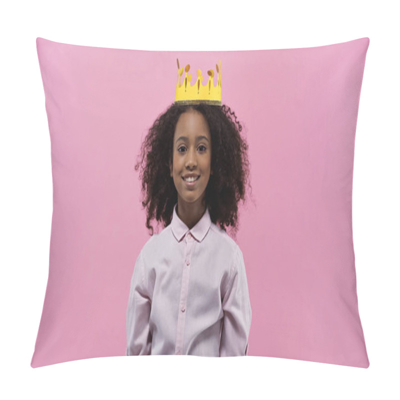 Personality  Happy African American Girl In Carton Crown Isolated On Pink Pillow Covers