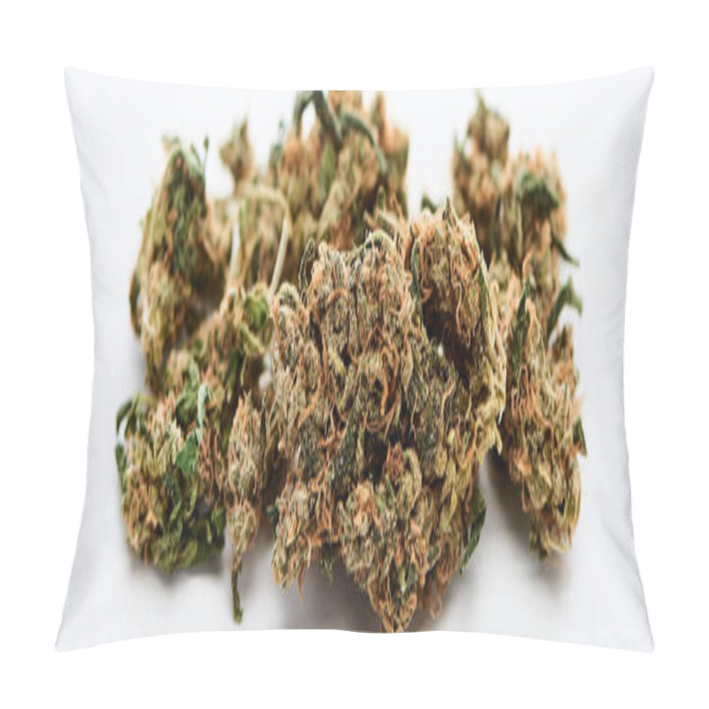 Personality  Close Up View Of Marijuana Buds On White Background, Panoramic Shot Pillow Covers