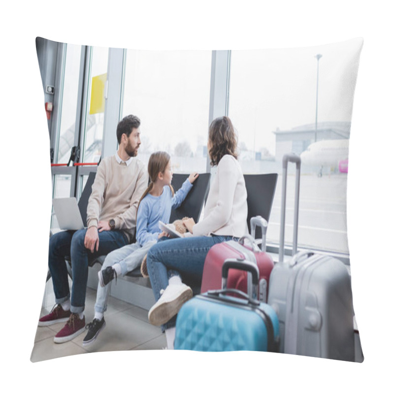 Personality  Parents Holding Devices While Sitting Near Daughter And Looking At Plane Through Window In Airport Lounge Pillow Covers