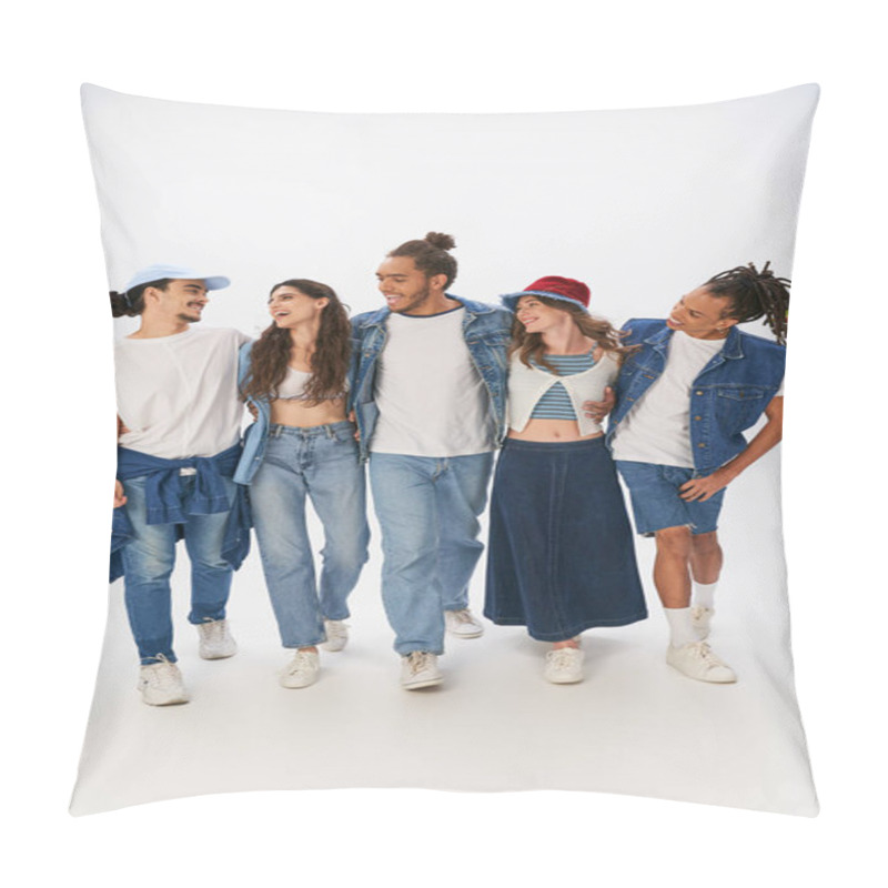 Personality  Diverse Group Of Smiling Multiethnic Friends In Stylish Casual Attire Embracing And Walking On Grey Pillow Covers