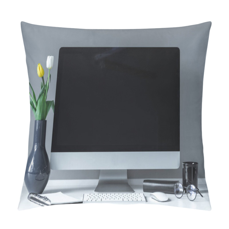 Personality  Vase With Tulips On White Working Table Pillow Covers