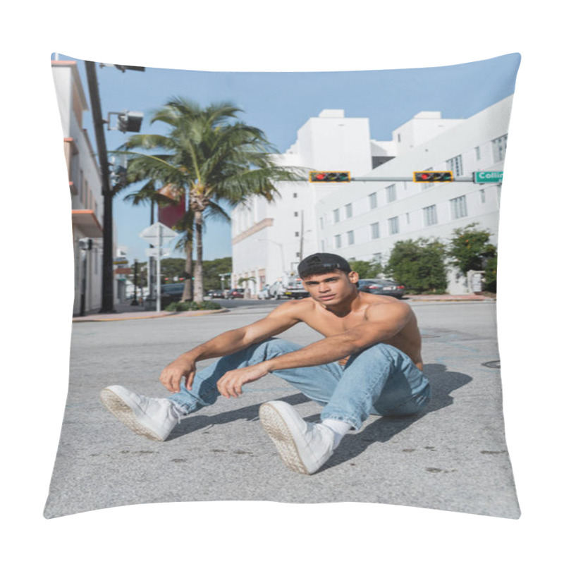 Personality  Muscular Cuban Man In Baseball Cap And Blue Jeans Sitting On Road In Miami  Pillow Covers