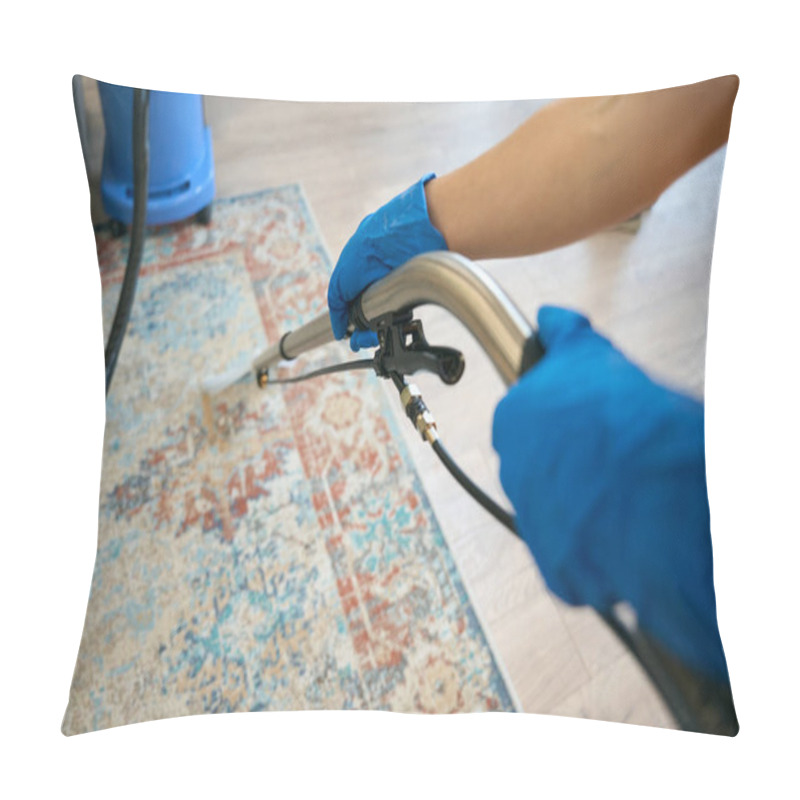 Personality  Cleaning Company Worker In Protective Gloves Cleans The Carpet With A Professional Vacuum Cleaner In A Recreation Area Pillow Covers