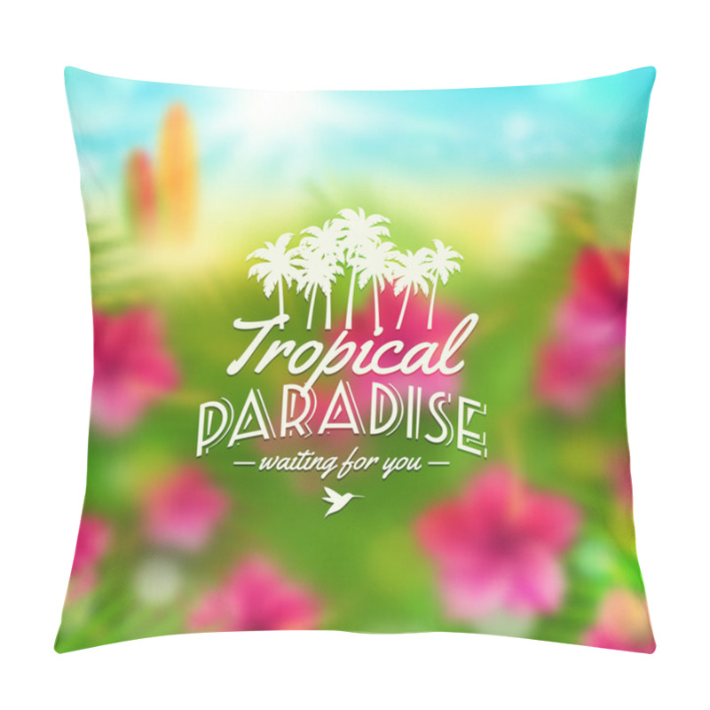 Personality  Type Vector Design - Summers Greeting Sign Against A Tropical Flora Defocused Background Pillow Covers