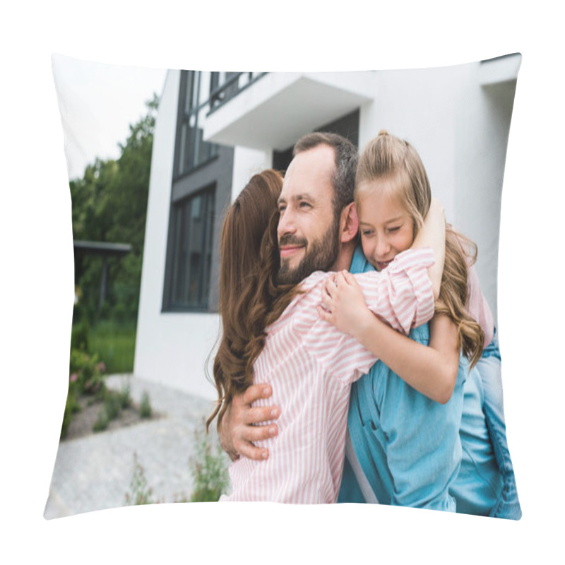 Personality  Cheerful Bearded Man And Happy Kid Hugging With Woman Near House  Pillow Covers