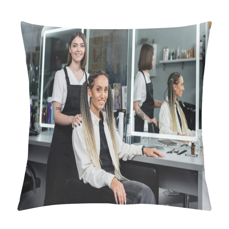 Personality  Hairdresser And Female Client, Beauty Salon, Cheerful Woman With Braids And Two Ponytails Smiling Near Hair Stylist In Salon, Customer Satisfaction, Beauty Worker, Professional, Hair Fashion  Pillow Covers