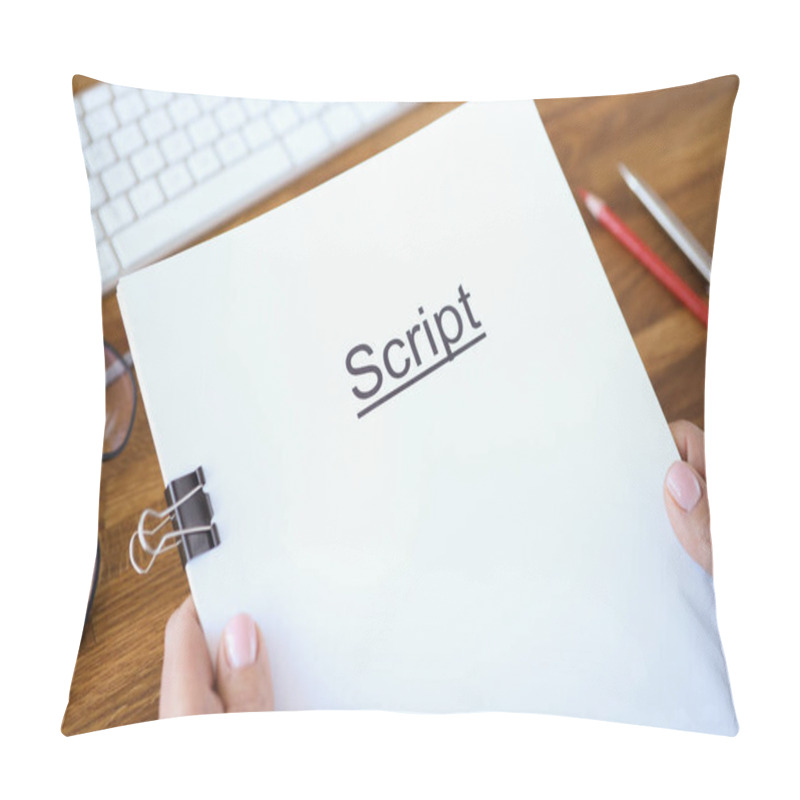 Personality  Female Hands Holding Script Over Table Closeup Pillow Covers