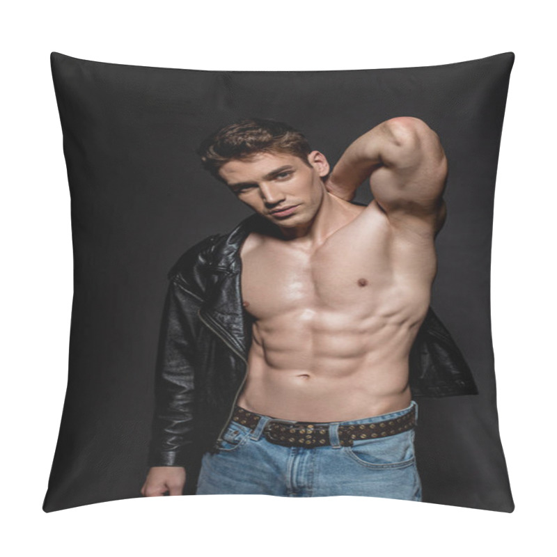 Personality  Sexy Young Man With Muscular Torso Putting On Biker Jacket On Black Background Pillow Covers