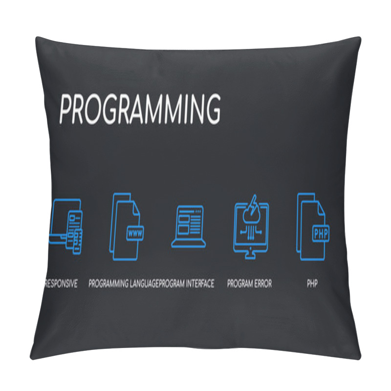 Personality  5 Outline Stroke Blue Php, Program Error, Program Interface, Programming Language, Responsive Icons From Programming Collection On Black Background. Line Editable Linear Thin Icons. Pillow Covers