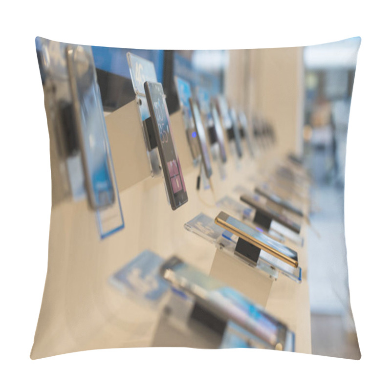 Personality  Smartphones In Telecommunication Shop. Pillow Covers