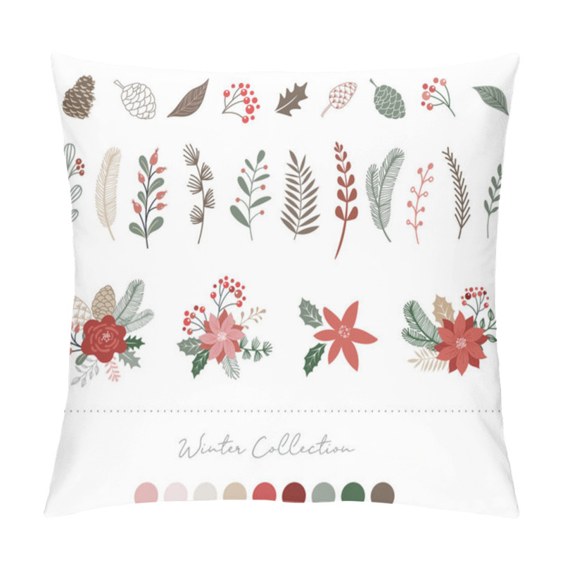 Personality  Botanical Christmas, Xmas Elements, Winter Flowers, Leaves, Birds And Pinecones Isolated On White Backgrounds. Pillow Covers