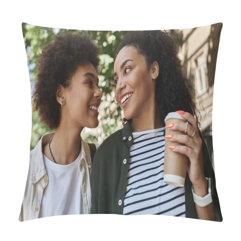 Personality  A Happy Couple Shares Laughter And Coffee While Embracing The Joy Of Their Outdoor Journey. Pillow Covers