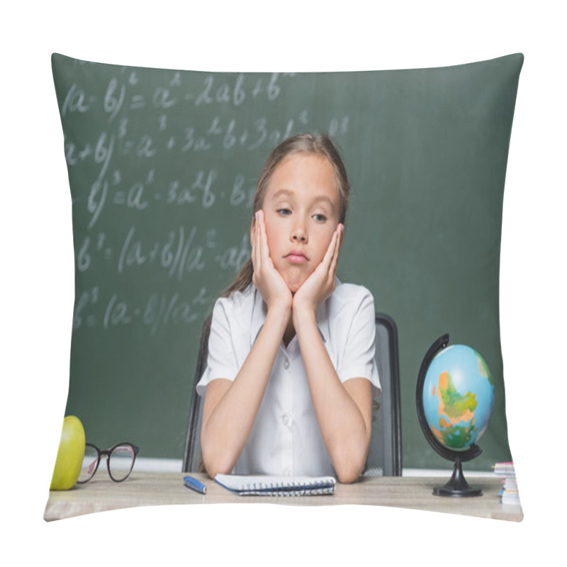 Personality  Upset Schoolkid Sitting At Desk Near Globe, Notebook And Apple Pillow Covers