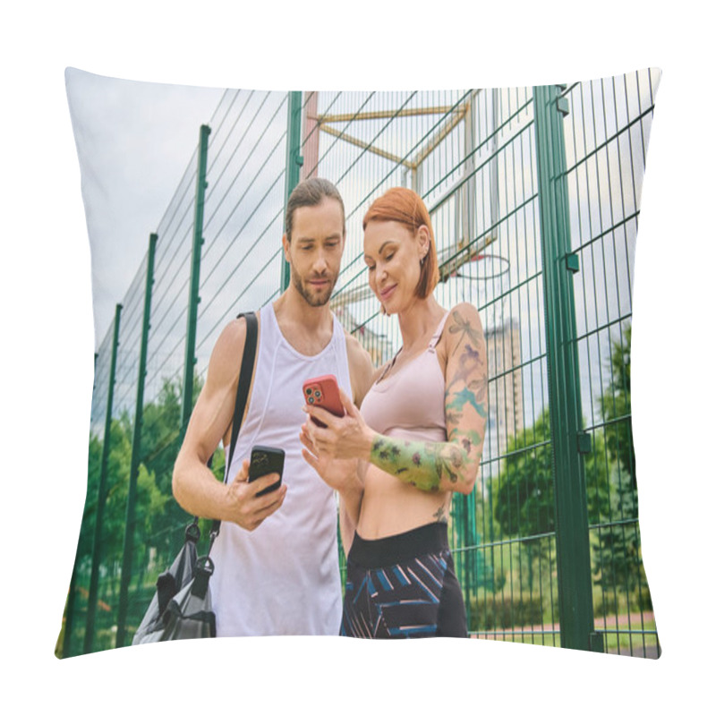 Personality  A Man And A Woman In Sportswear, Check Their Progress On A Cell Phone. Pillow Covers